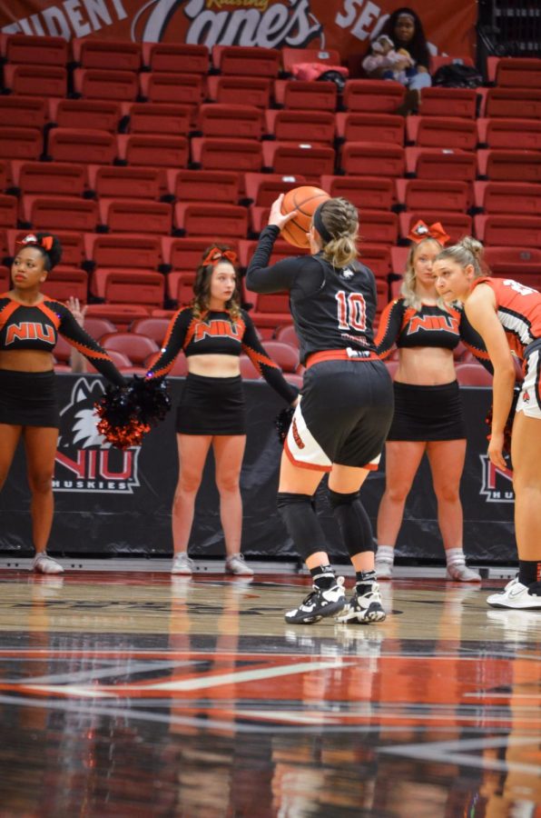 Senior guard Chelby Koker shooting a free throw in Saturdays upset victory over Ball State University. (Alyssa Queen)