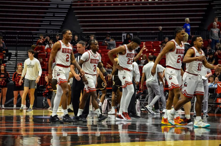 The Huskies take to the court for the second half of their game against Western Michigan on Saturday at the NIU Convocation Center. NIU beat the Western Michigan Broncos 81-53. (Alyssa Queen | Northern Star)