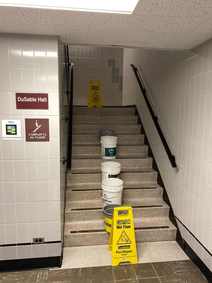 A leaky ceiling in January in DuSable Hall. DuSable Hall wont be renovated, but students and staff can alert any buildings supervisor regarding things that should have emergency repairs. (Sean Reed | Northern Star)