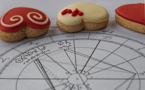 Cookies with red and white frosting on them sitting on an astrology chart.  