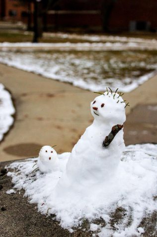 A mini snowman waves its twig arm to passersby with its pet snow dog. (Nyla Owens | Northern Star)