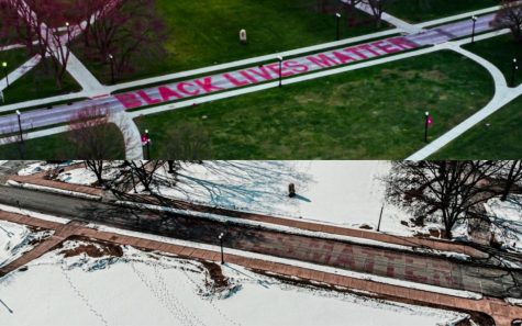 The Castle Drive Black Lives Matter mural after being painted in 2020 (top) and in April 2022 after two years of fading due to weather. On Friday, the Student Government Association proposed a petition for NIU to address concerns such as performative activism and representation of diversity in NIUs staff. (Northern Star File Photo)