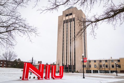  The NIU sign and Holmes Student Center on a snowy afternoon in MLK Commons. (Mingda Wu | Northern Star)