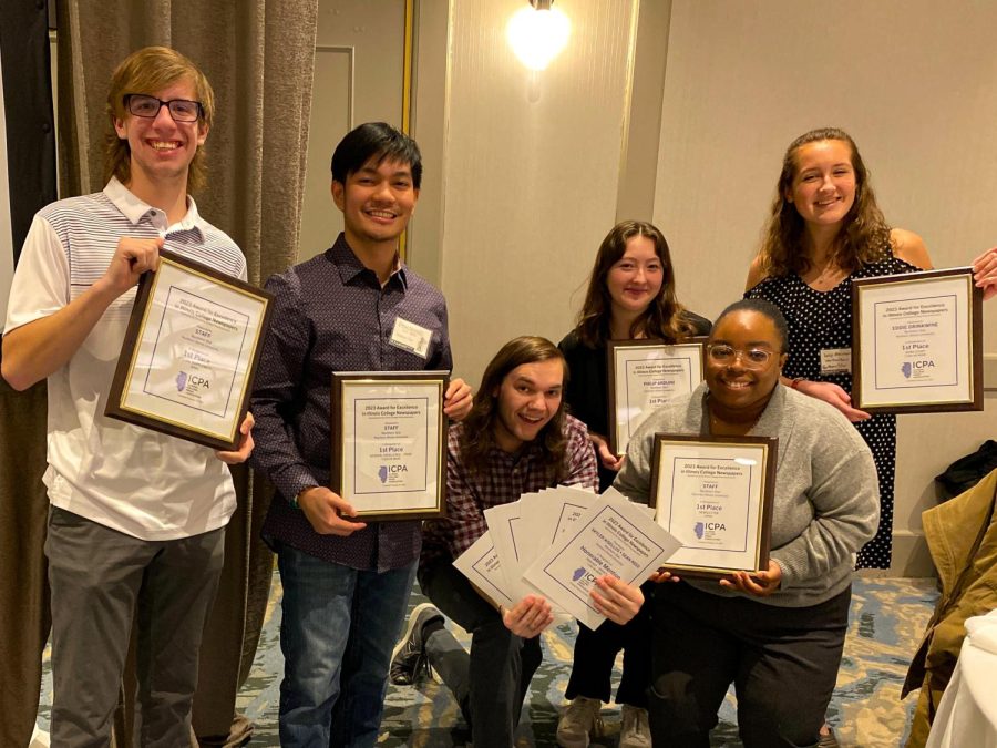 From left: Senior Sports Reporter Joey Segreti, Sports Editor Ethan Gonzales, Multimedia Editor Sean Reed, Senior Lifestyle Writer Sarah Rose, Managing Editor Daija Hammonds and Opinion Columnist Lucy Atkinson stand after the ICPA Award Ceremony on Saturday in Chicago. (Northern Star Staff)
