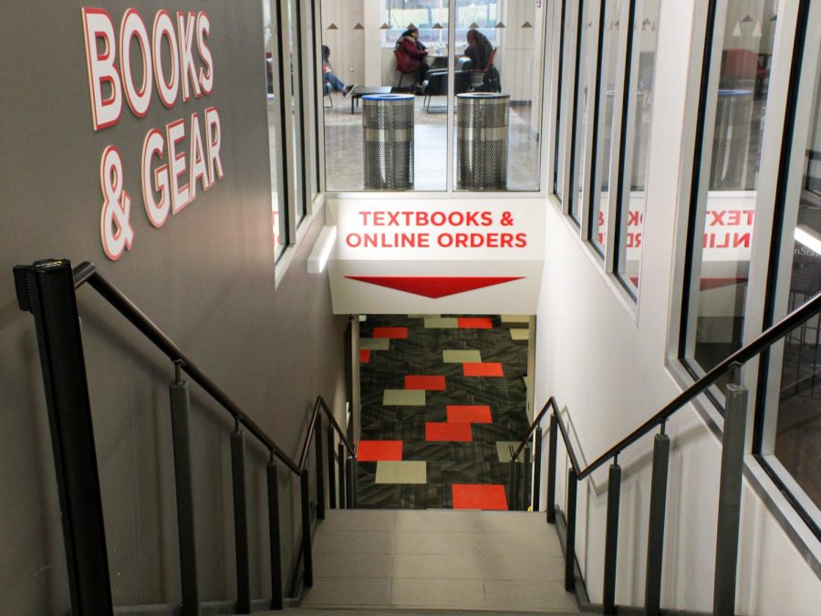 The empty stairs to the lower level of Huskie Books and Gear, where students can find and pick up their course textbooks. (Nyla Owens | Northern Star)