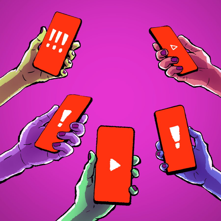 Multiple hands holding phones with play signs and exclamation marks. Social media users and platforms should be more considerate when sharing graphic content for other users to spread. 