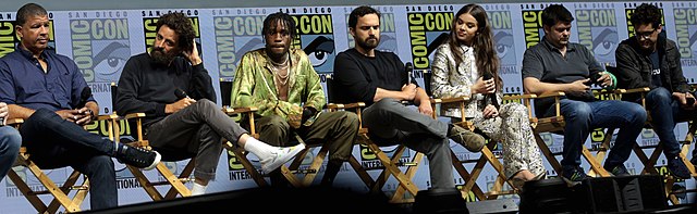 Directors Peter Ramsey and  Bob Persichetti, Actors Shameik Moore, Jake Johnson and Hailee Steinfeld and Producers Christopher Miller and Phil Lord at San Diego Comic Con.