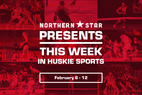 This week in Huskie sports graphic featuring various NIU sports in action from the spring season. This weeks events include NIU hockey, men’s basketball, women’s basketball, women’s tennis and wrestling. (Harrison Linden | Northern Star)