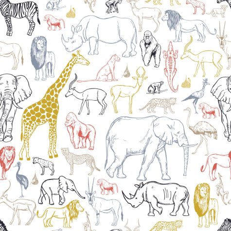 A graphic of various animals including a giraffe and a elephant. 