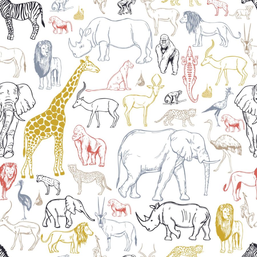A graphic of various animals including a giraffe and a elephant. 
