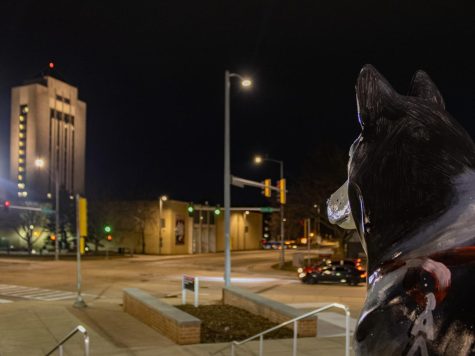 A Huskie statue outside of the Peters Campus Life Building overlooking the intersection of Normal Road and Lucinda Avenue. Oorah, a Huskie Statue outside of the Doherty Law Firm, was stolen last year, leading the firms owner to work with a local art teacher to recreate the statue. (Sean Reed | Northern Star)