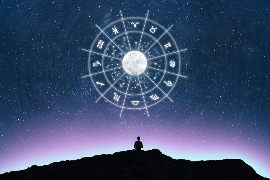 The symbols for each sign laid out in a circle in front of a sunset. This weeks horoscope reveals music for you hidden in the stars. 