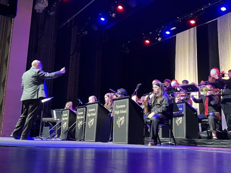 
The Sycamore High School Jazz Band on stage during Jazz at the Egyptian. The band was one of three to receive an $1,000 donation from the Egyptian Theatre. 
