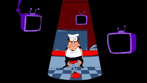 Screenshot from Pizza Tower with Peppino Spaghetti sitting in his pizzeria. Pizza Tower is a platformer with a retro style and fast graphics.
