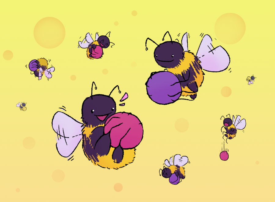 Bees enjoy rolling around and playing with small toy wooden balls. (Cartoon by Amber Siegel)