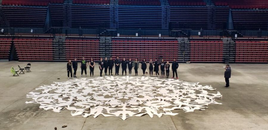 Students of NIU School of Art and Design presenting their world record setting paper snowflake. Multiple events will be happening on March 23 in Founders Memorial Library to celebrate the students achievement.