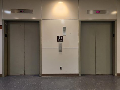 Out of service elevators sitting stationary in the Stevenson Residence Hall. The Elevators in Stevenson have experienced five logged instances of students being stuck in elevators within the past year. (Nathan Kyriazopoulos | Northern Star)