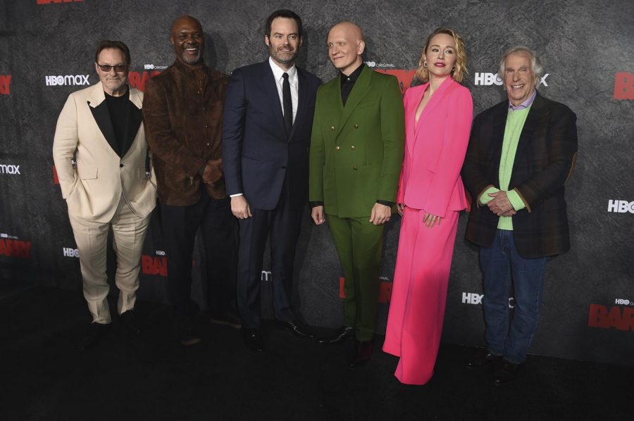 (From left) Stephen Root, Robert Wisdom, Bill Hader, Anthony Carrigan, Sarah Goldberg and Henry Winkler at the season four premiere of Barry on April 16 at the Hollywood Forever Cemetery in Los Angeles. Barry is now streaming on HBO and HBO Max.