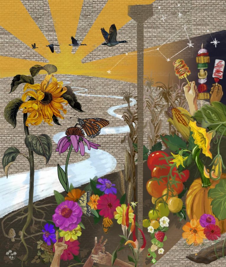 A wall that is painted with a mosaic, plants and geese. The design is a mock up of the mural that will be on the wall of City Hall. (Courtesy of the City of DeKalb)