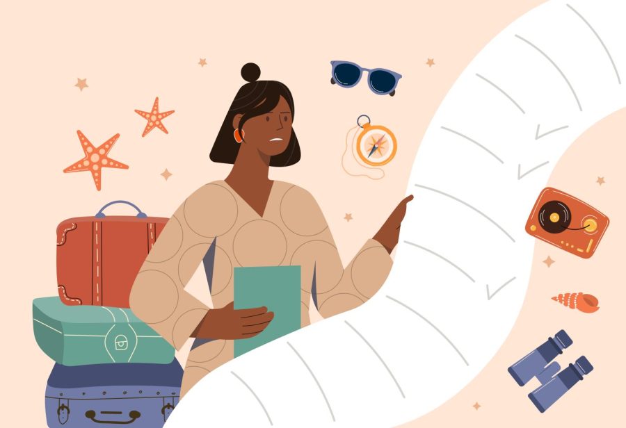 A+woman+looks+at+a+to-do+list+with+suitcases%2C+binoculars+and+a+pair+of+sunglasses+in+the+background.+Before+your+summer+travels+arrive%2C+create+a+list+of+all+the+essential+travel+items+you+need+to+pack.