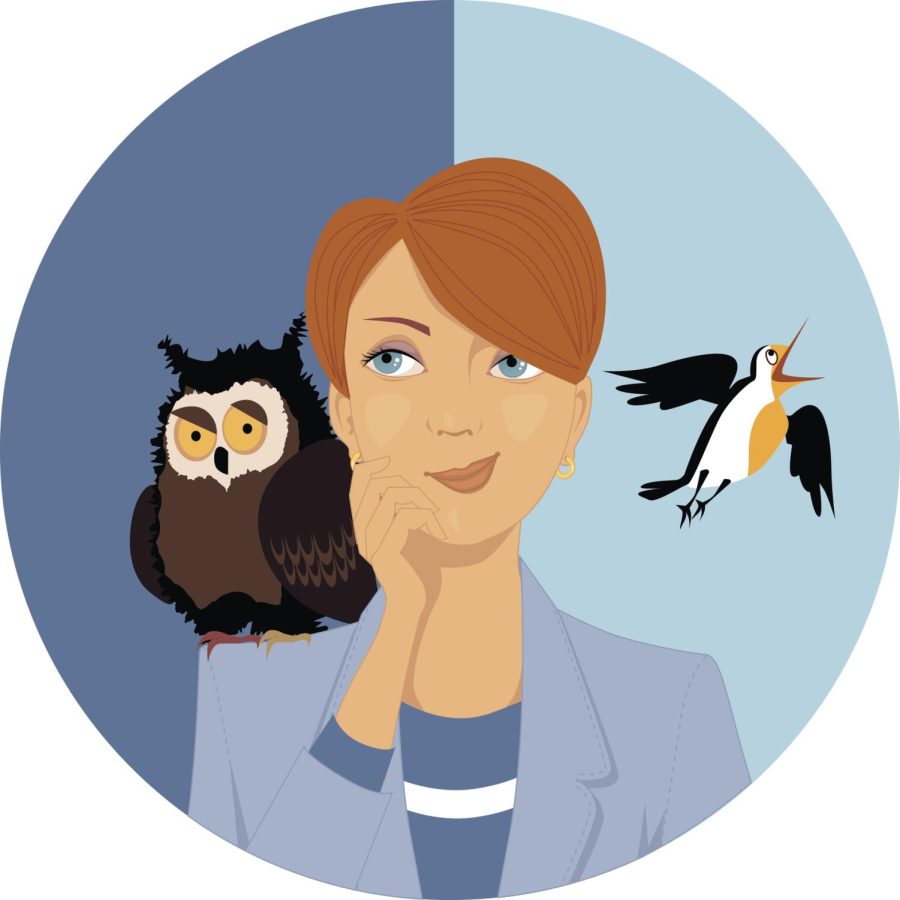 A person with an owl on one shoulder and a bird flying off the other symbolizing the moving vs. night owl. 