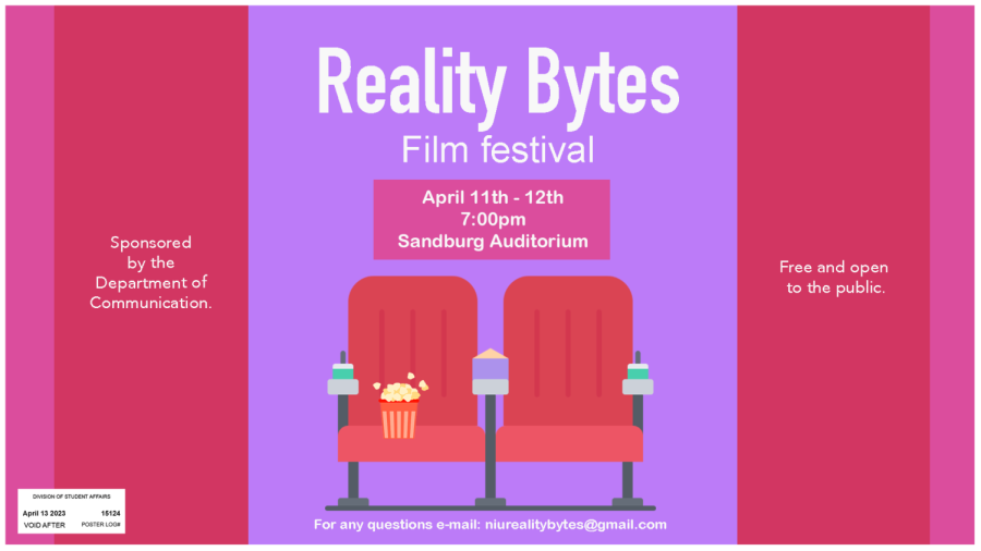 A poster for Reality Bytes Film Festival with two theater seats and a bucket of popcorn. The festival will take place April 11 and 12 showing 10 short films each night. (Courtesy of Reality Bytes Film Festival)