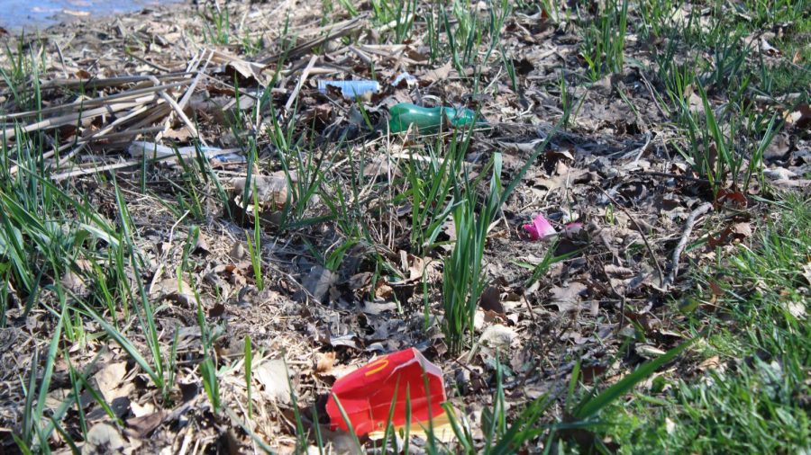 McDonald’s fries box in the front along with other accumulated garbage in the background on campus, near Cole Hall on April 13, 2023. (Christian Quevedo | Northern Star)
