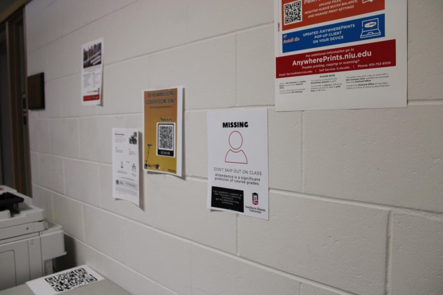 Multiple posters in Reavis Hall, one poster advising students to not skip class. NIU has been campaigning for students to stop missing class. (Nyla Owens | Northern Star)