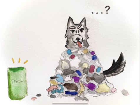 A husky buried in campus trash as a nearby trash can remains empty. Columnist Lucy Atkinson reminds students that while Earth Month might be over, keeping the planet clean is still important.