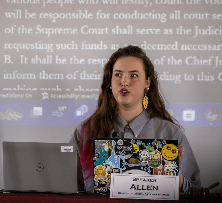 Speaker Debbie Allen, a senior international relations major, delivering topic points during Fridays SGA meeting. The meeting discussed the confirmation of directors of student life and chief of staff. (Tim Dodge | Northern Star)