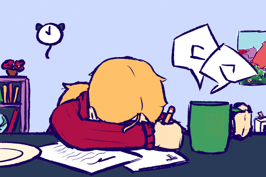Cartoonist+Isaac+Trusty+illustrates+a+student+asleep+in+a+pile+of+homework+with+their+coffee+still+in+hand.+It+is+important+to+prioritize+sleep%2C+even+more+so+during+finals+week.+