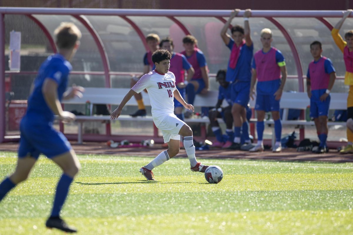 Sophomore midfielder Angel Rodriguez guides the ball at the NIU Soccer and Track and Field Complex Sunday. Rodriguez scored the lone goal against University of Memphis. (Photo courtesy of NIU Athletics)
