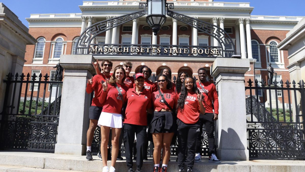 Eight NIU student-athletes at the Massachusetts State House on Labor Day Weekend. The Huskies visited Boston for an educational retreat on the history of racial inequality in the United States and its impact on American athletics. (Courtesy of NIU Athletics)