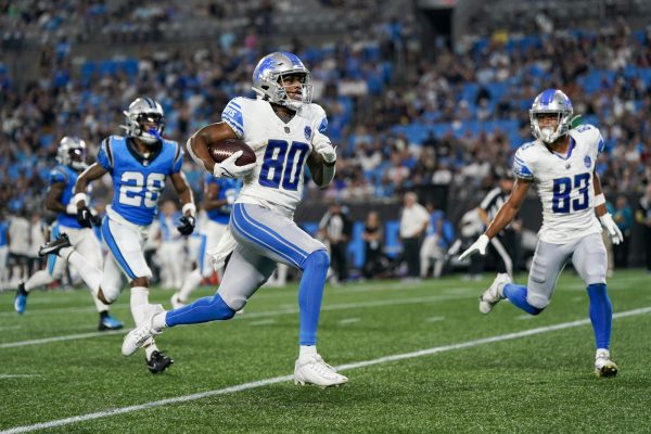 Detroit Lions wide receiver Antoine Green runs to the endzone in a preseason game against the Carolina Panthers on Aug. 23. (Associated Press)