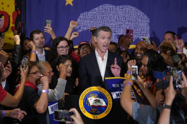 California Gov. Gavin Newsom talks to fast food workers. Newsom is in the process of selecting a replacement for Sen. Dianne Feinstein. (AP Photo/Damian Dovarganes)