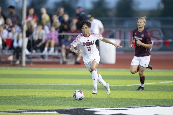 Huskie junior forward Taisei Arima rushes the ball upfield during NIU mens soccers Missouri Valley Conference opener against Missorui State on Sept. 16. The Huskies lost the game y a final score of 3-0. (Scott Walstrom | NIU Athletics)