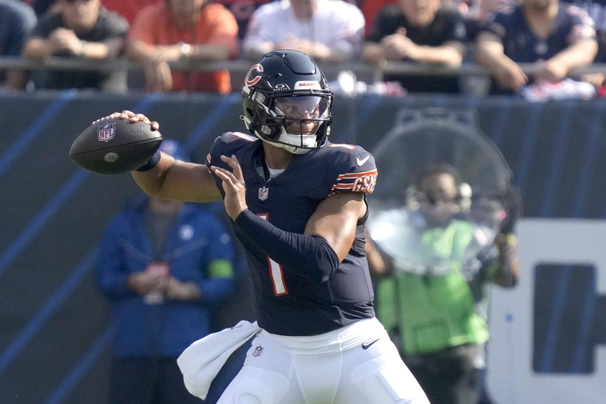 Chicago+Bears+quarterback+Justin+Fields+throws+during+the+first+half+of+an+NFL+football+game+against+the+Green+Bay+Packers+Sunday%2C+Sept.+10%2C+2023%2C+in+Chicago.+%28AP+Photo%2FNam+Y.+Huh%29