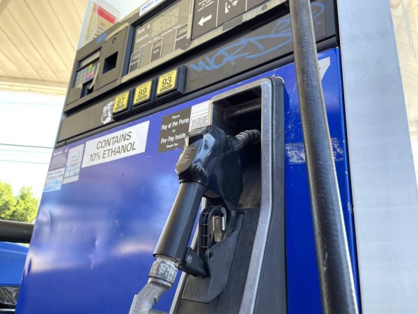 A gas station pump sits at its station. Illinois gas prices have lowered approximately 6 cents compared to last week. (Northern Star File Photo)