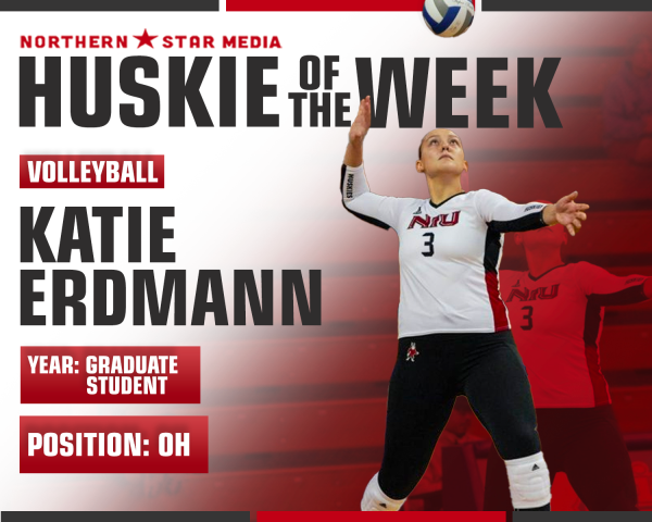 Graduate student outside hitter Katie Erdmann earned her first career honor after her performances against Bowling Green State University on Thursday and Friday. Erdmann recorded 17 kills in a 3-2 victory over the Falcons on Friday. (Eddie Miller | Northern Star)