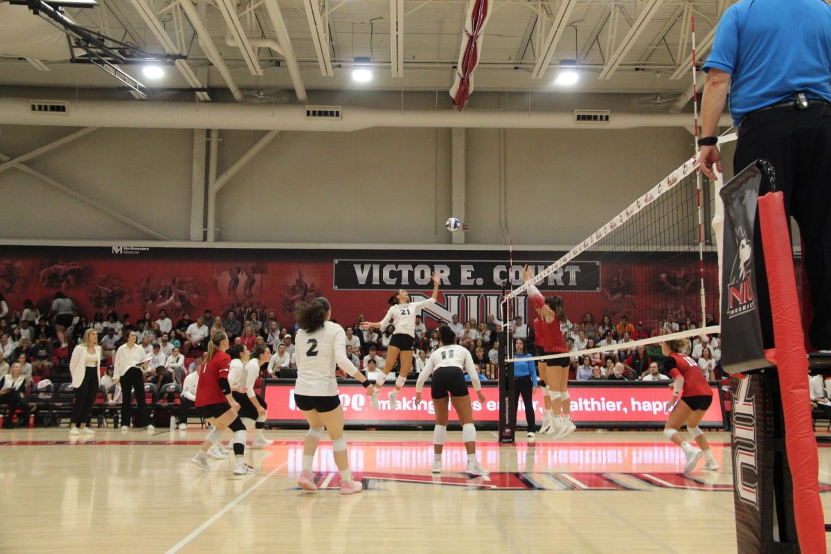 Junior outside hitter Nikolette Nedic rises up to spike a ball against Miami University at Victor E. Court. The Huskies defeated the RedHawks 3-2 on Friday. (Ryanne Sandifer | Northern Star) 