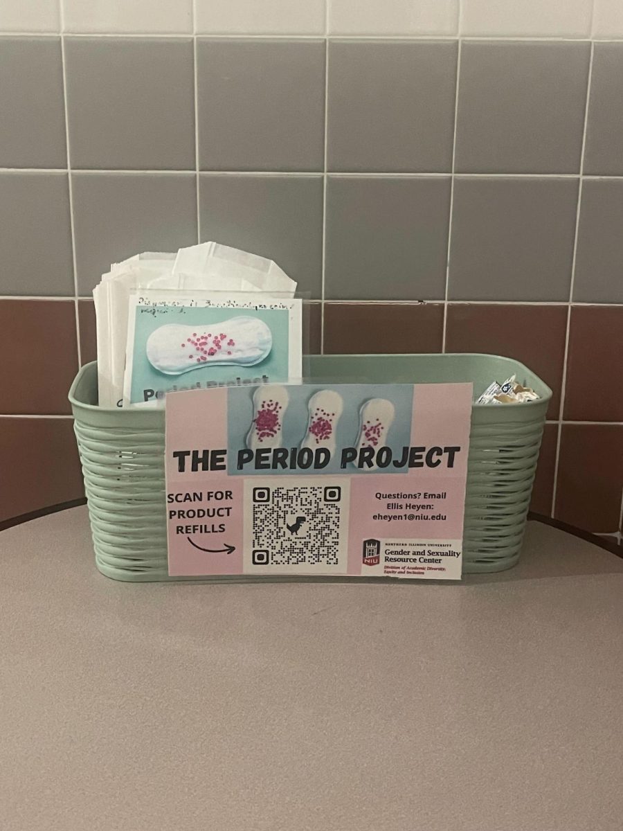 A Period Project basket filled with menstrual products and disposable bags is located in a Peters Life Campus Building bathroom. Run by the GSRC, the Period Project works to combat period poverty among students. (Emily Beebe | Northern Star)