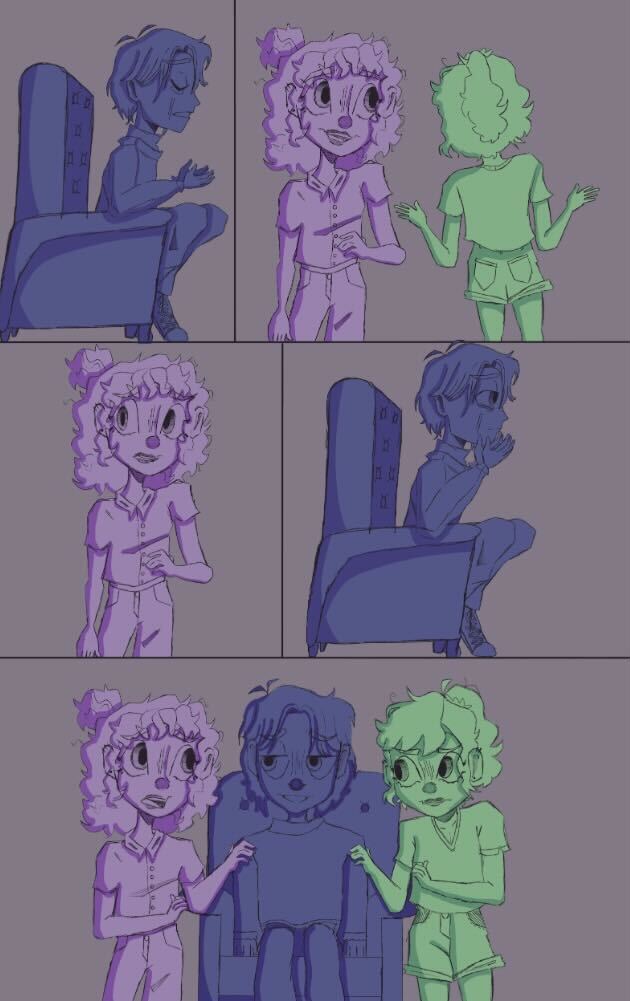 The illustrated blue center character is having a difficult time due to their mental health, and the purple and green characters decided to walk over to provide moral support. It is important to remember to check in on loved ones and utilize the many mental health resources available. (Maddie Rock | Northern Star)