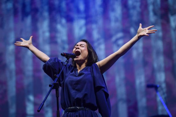 Singer-songwriter Mitski performs at the Primavera Sound festival in Sao Paulo in a blue dress. Mitskis new album The Land Is Inhospitable and So Are We is available to listen to on all streaming services. (AP Photo/Matias Delacroix)