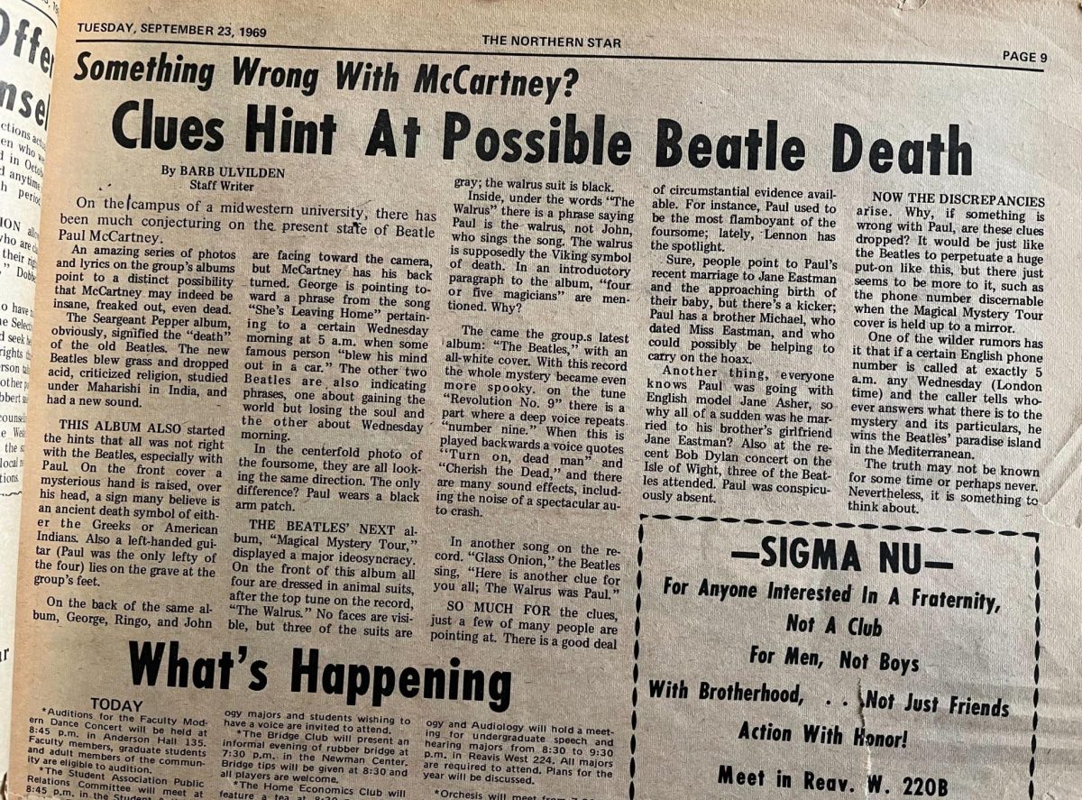 A 1969 Northern Star publication shows an article speculating if Paul McCartney is alive. (Bridgette Fox | Northern Star)