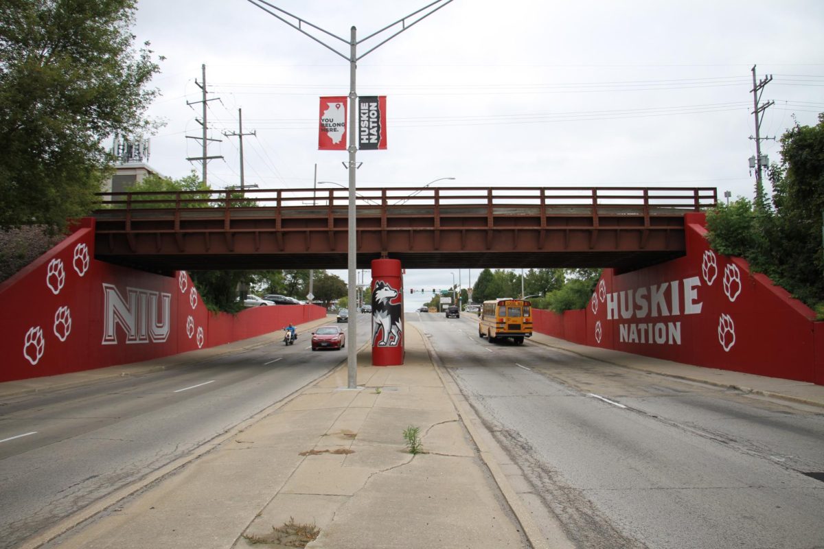 Cars passing the NIU mural on the underpass of South Annie Glidden Road and Lincoln Highway. One side of the mural reads “NIU” and the other “Huskie Nation” with paw prints on each side.
(Ariyonna McGahee | Northern Star)