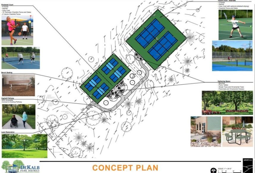 A digital mockup shows plans for the updated pickleball courts at Hopkins Park. The park is undergoing various renovations and updates, including new pickleball courts, playground and plans to update the pool. (Courtesy of the DeKalb Park District)
