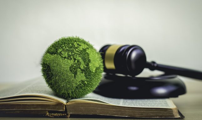 A judge’s gavel rests on a book behind an image of a mossy planet Earth. Opinion Columnist Olivia Zapf believes the Held v. Montana court case decision was a step in the right direction for environmental protection. (Courtesy of Getty Images)