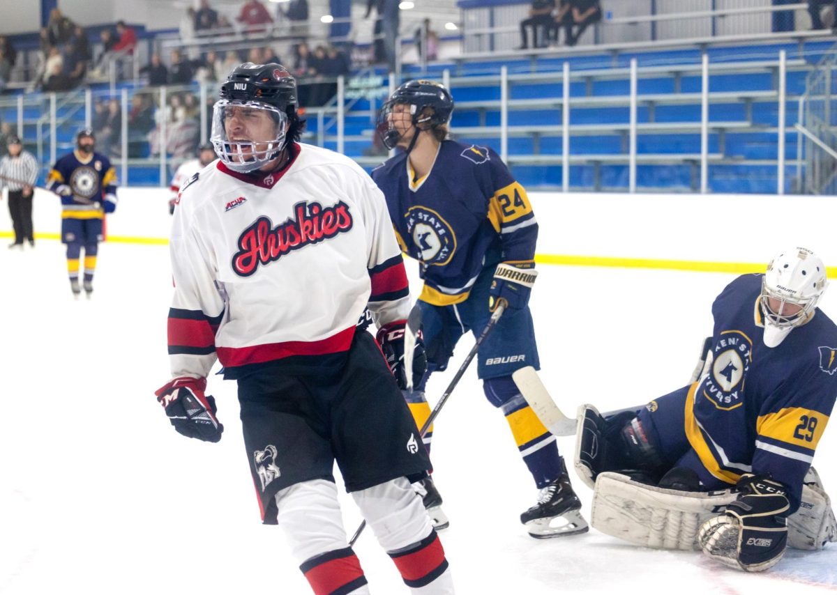 Graduate forward Nick Gonzalez celebrates after scoring a goal in NIU hockeys game against Kent State University on Sept. 16. The Huskies lost the game by a final score of 4-3. (Beverly Buchinger | NIU hockey)