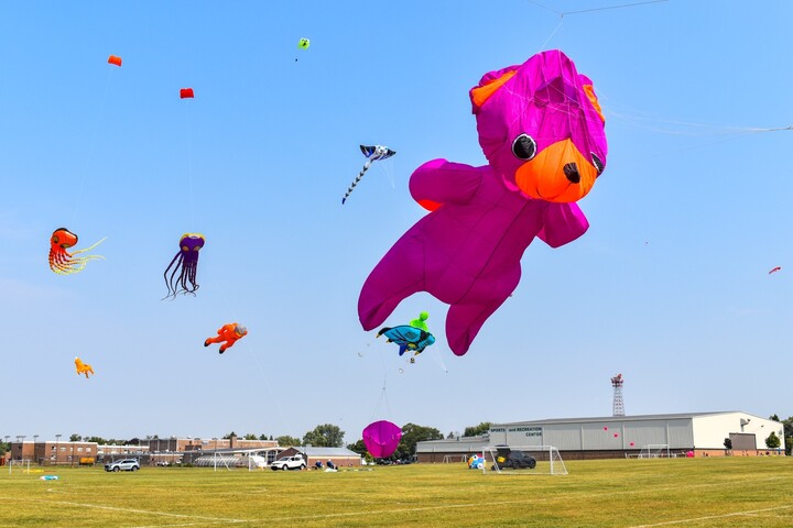 An inflatable bear kite and other kites fly above DeKalb High School. DeKalbs annual Kite Fest will take place on Sept. 10 and is free to attend. (Courtesy of John Shea Jr.)