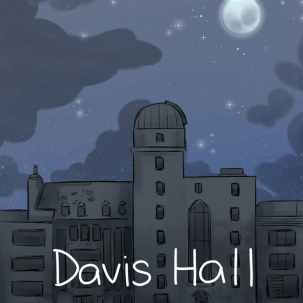 An illustrated Davis Hall stands under a peaceful night sky. The observatory is now open from 8 p.m. to 10 p.m. every Wednesday. (Christa Kim | Northern Star) 